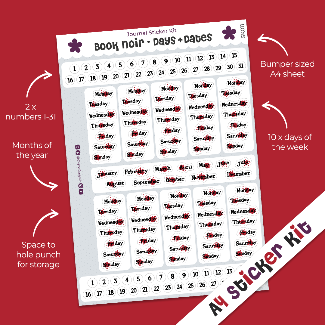 Book Noir Days & Dates A4 Journal Sticker Kit