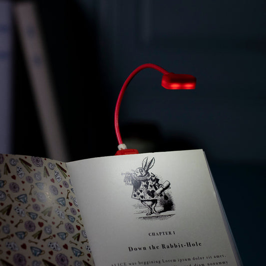 Red book light on an open book with a rabbit illustration