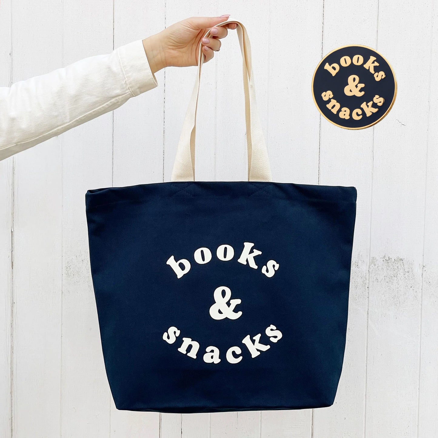 Books & Snacks - Midnight Blue Canvas Tote Bag + Free Enamel Pin
