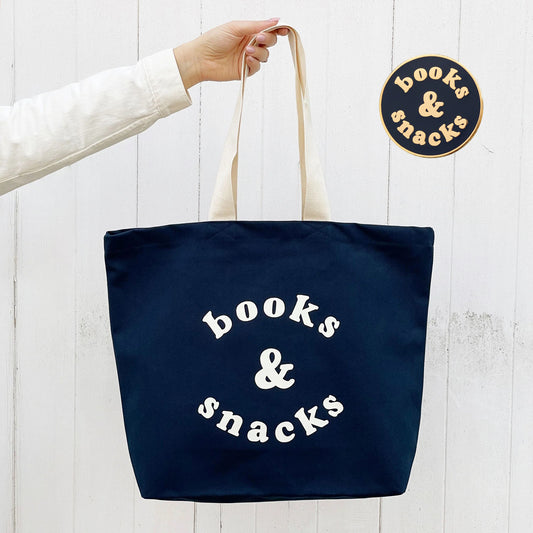 Books & Snacks - Midnight Blue Canvas Tote Bag + Free Enamel Pin