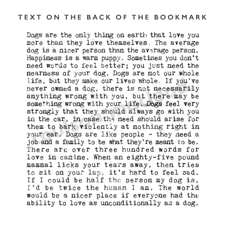 Text on the back of a bookmark about dogs and human relationships