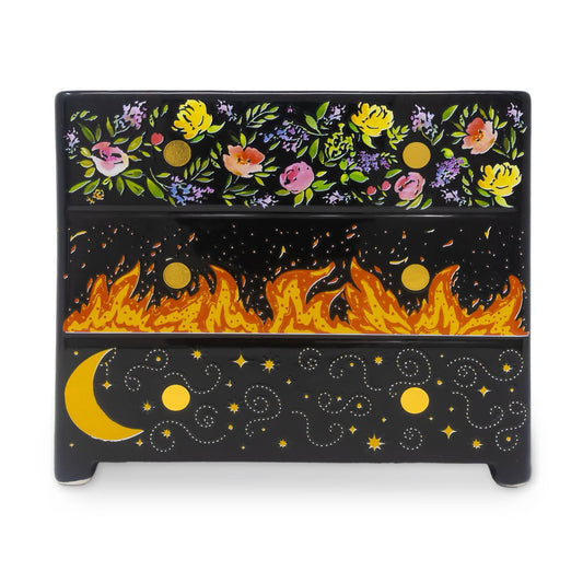 Decorative vase with floral top, fiery middle, and celestial bottom design on a white background.