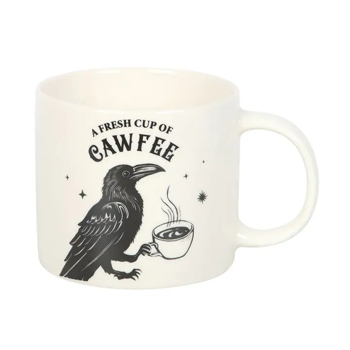 Mug with a crow holding a cup of coffee and text 'A Fresh Cup of Cawfee' on a white background