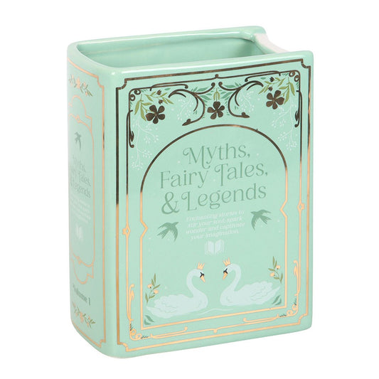 Mint green box with 'Myths, Fairy Tales & Legends' text and swan illustrations on a white background