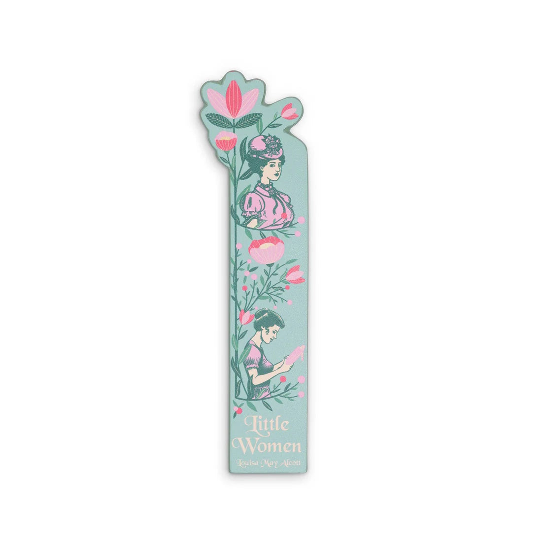 Decorative bookmark with illustrations of a woman and flowers on a light blue background