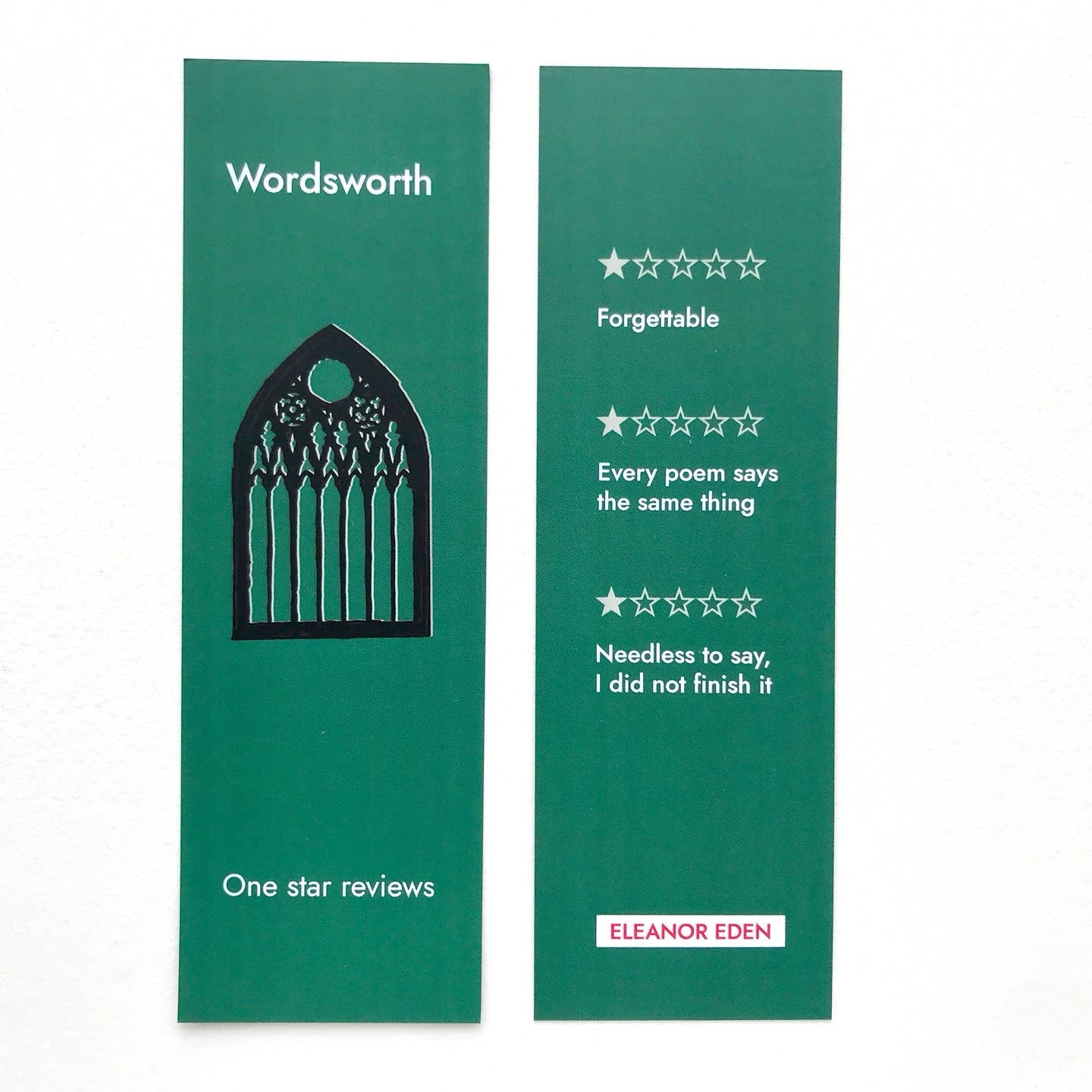 Two green bookmarks with text and a logo on a white background