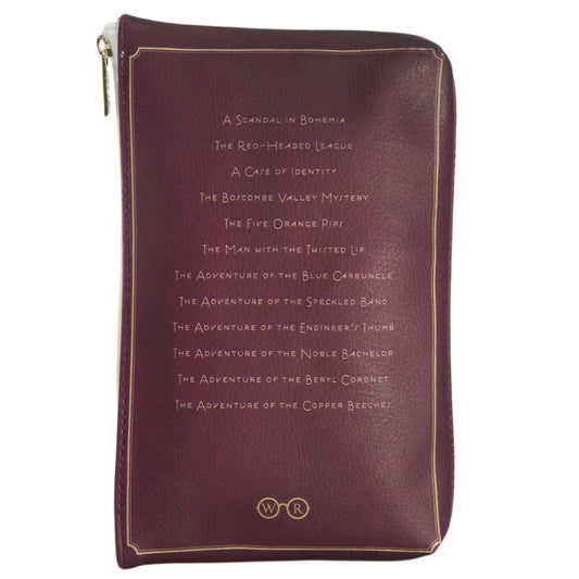 The reverse of A Burgundy Zipped Pouch featuring a list of story titles of Sherlock Holmes