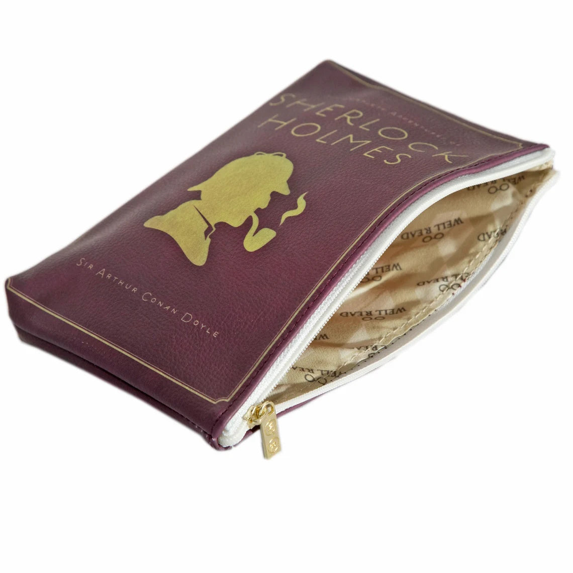 A open Burgundy Zipped Pouch featuring a silhouette of Sherlock Holmes
