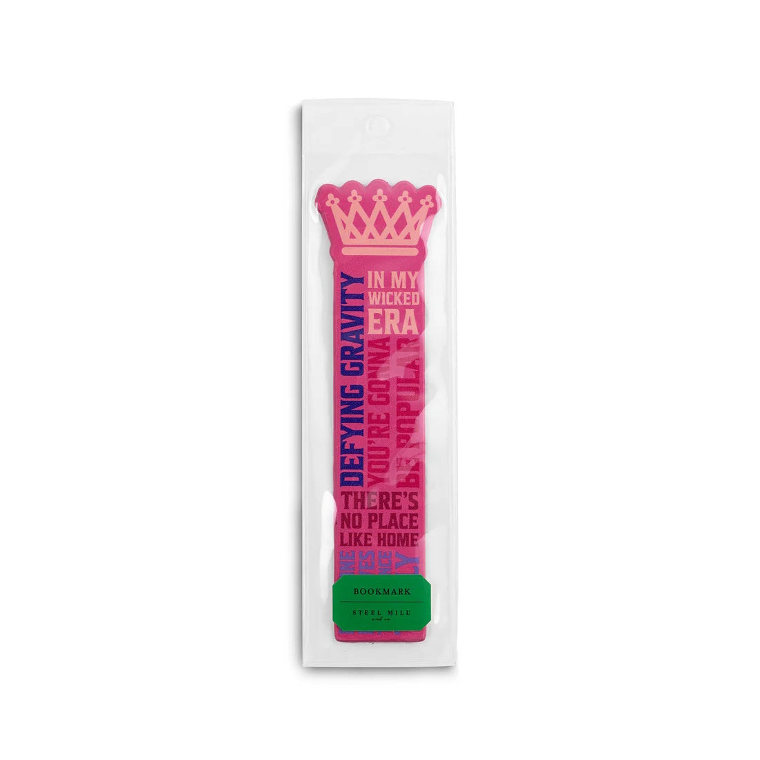 Pink bookmark with text on a white background