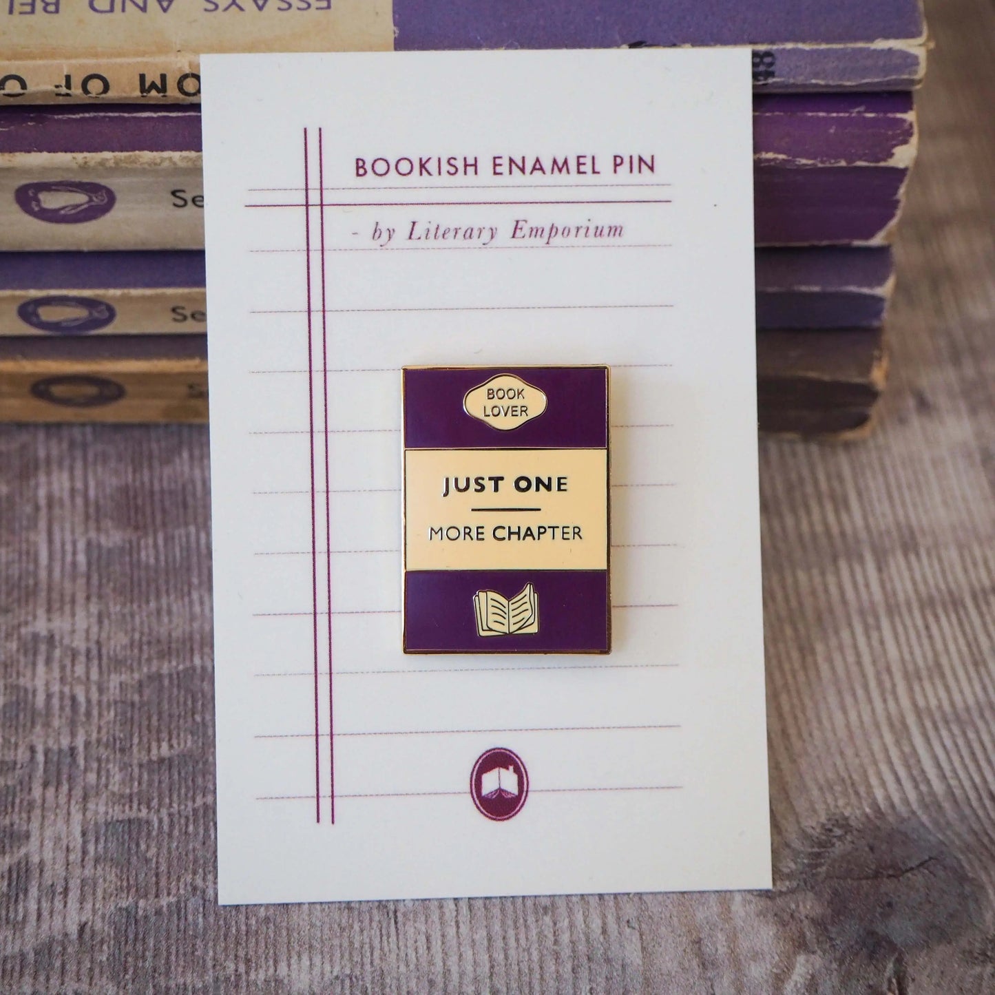 'Just One More Chapter' Enamel Pin from Literary Emporium.