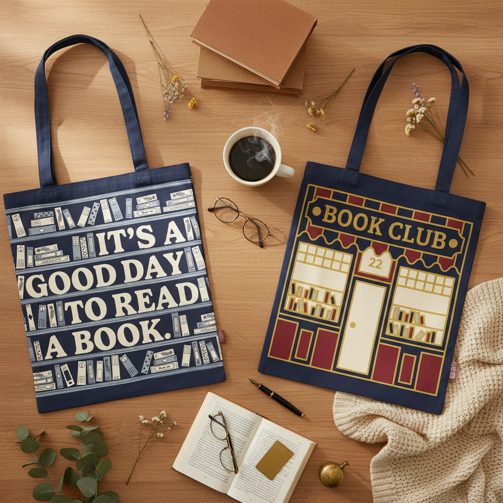tote bags featuring the text: it's a good day to read a book, and book club, on a tabletop with a cup of coffee notebook and pen