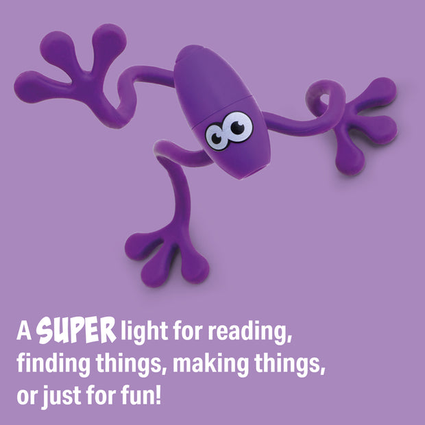 Purple cartoon-like light on a purple background with text about its uses.