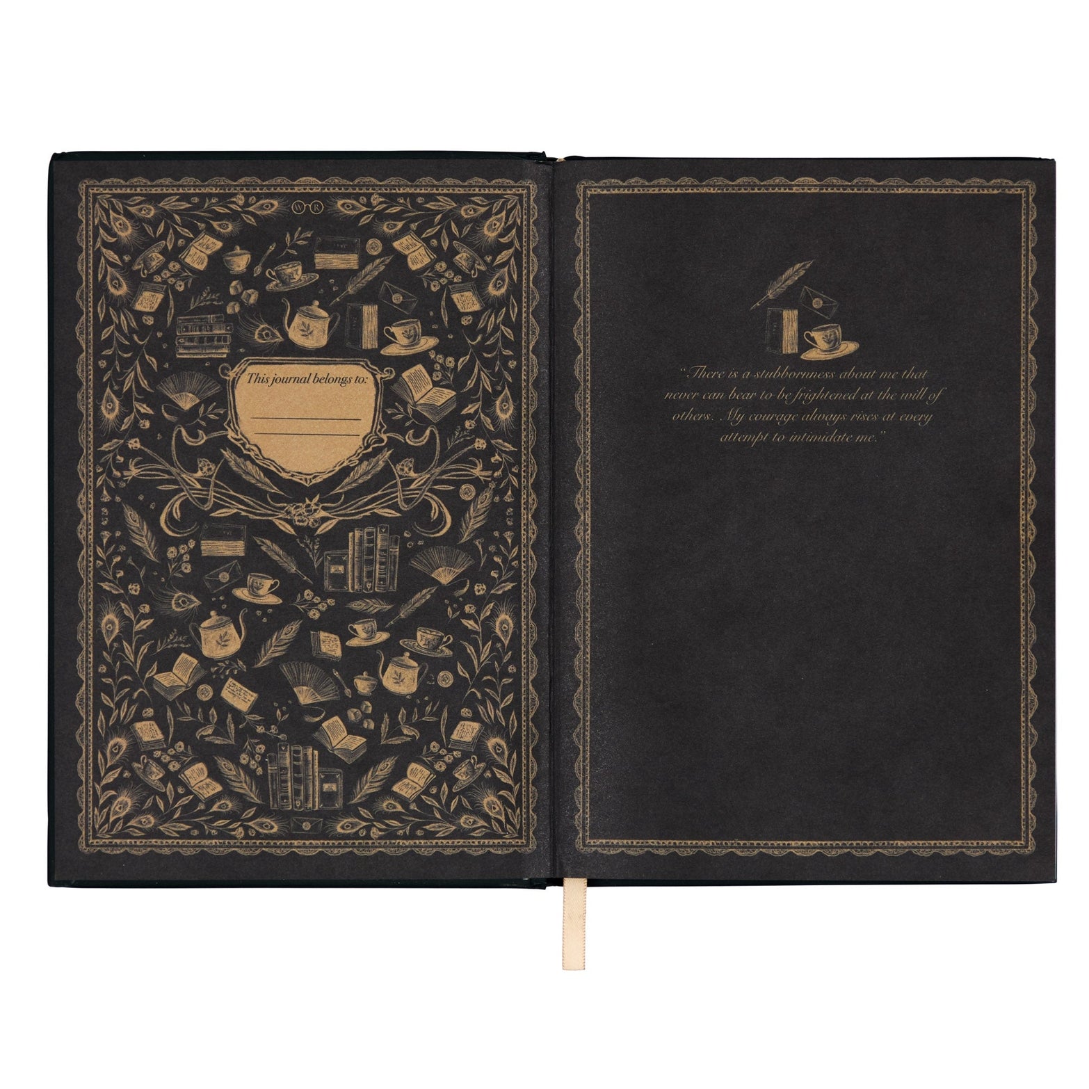 An open black journal with ornate gold illustrations and text on both pages, photographed flat against a white background. A small cream ribbon bookmark is visible at the bottom center.