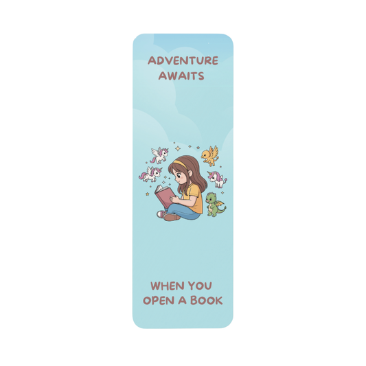 Girl reading a book with unicorns and dragons coming out