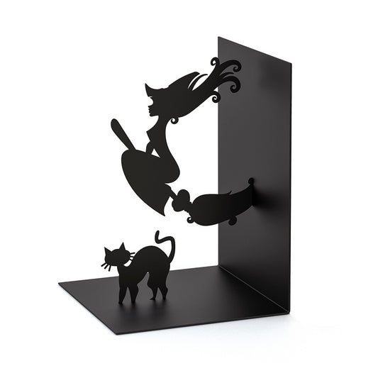 Black metal bookend with cat design on a white background