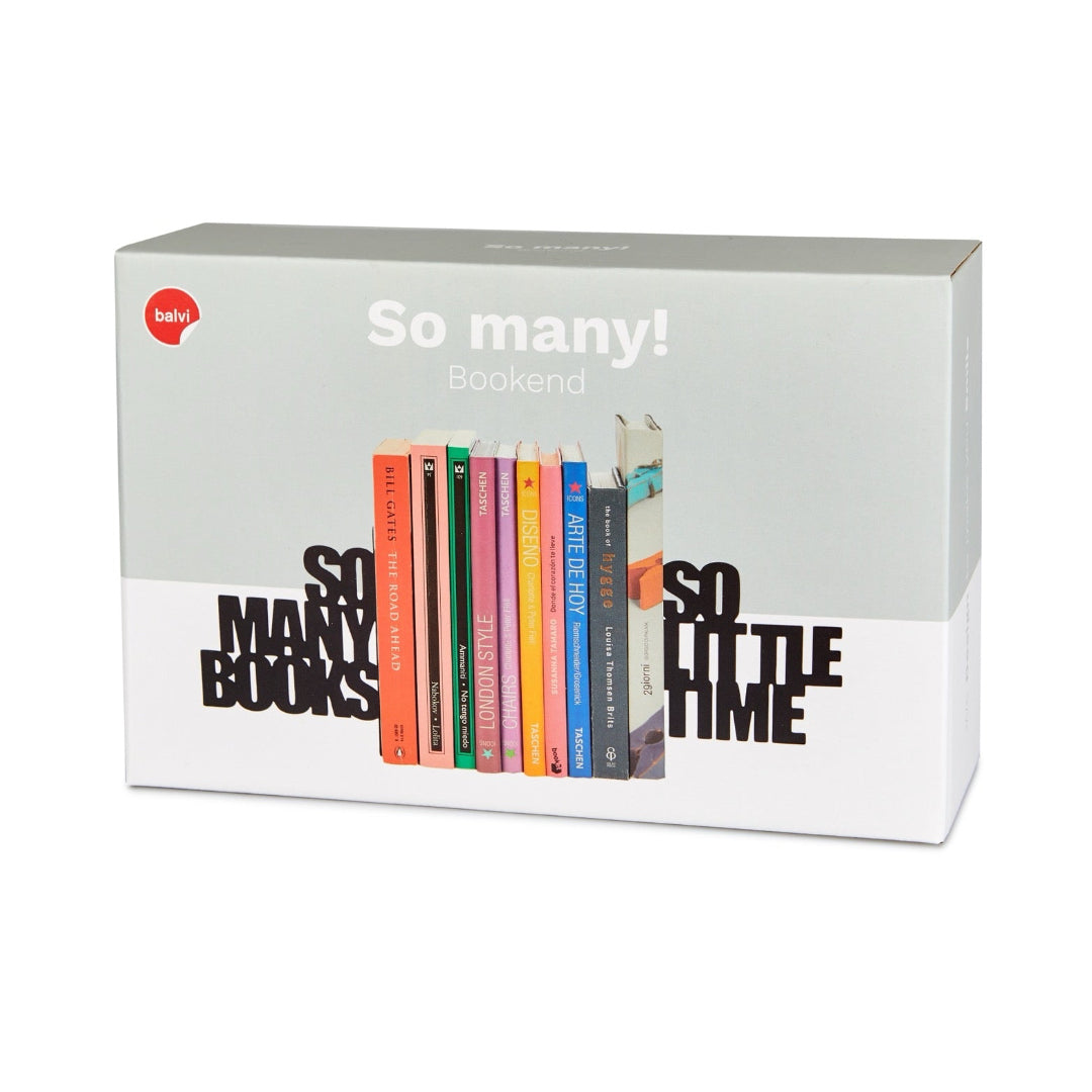 Bookend packaging with colourful books and text on a white background