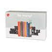 Bookend packaging with colourful books and text on a white background