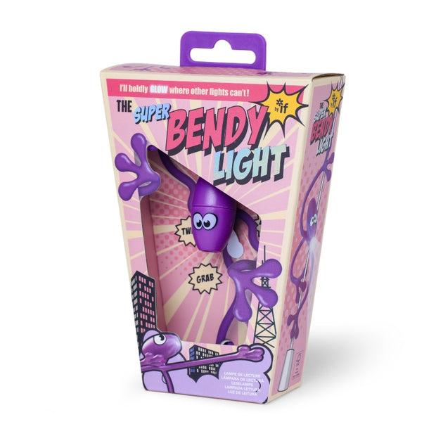 Boxed product packaging of a bendy light toy with a purple character on a white background