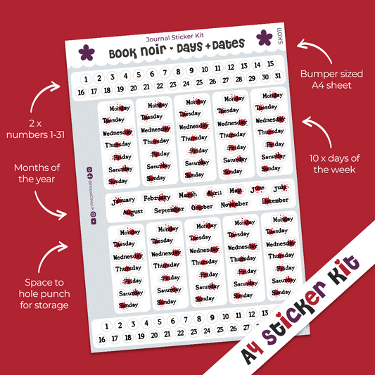 Book Noir Days & Dates A4 Journal Sticker Kit