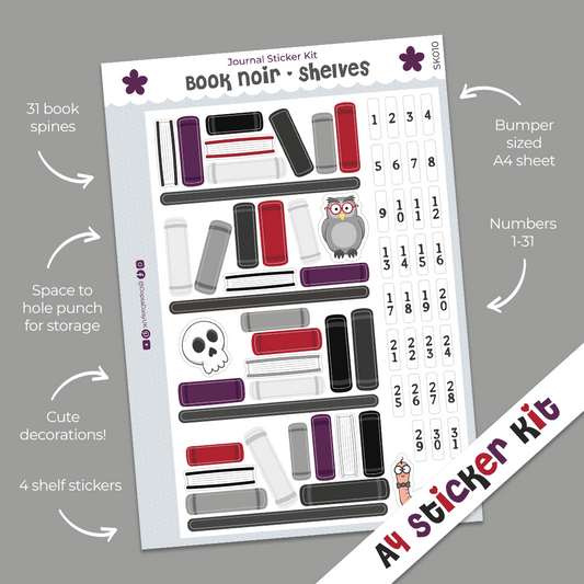 Book Noir Shelves A4 Journal Sticker Kit