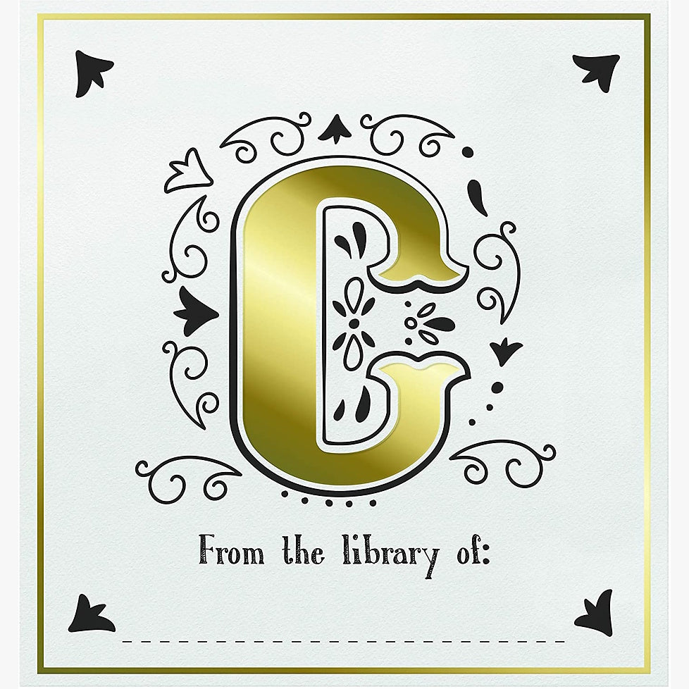 Decorative card with a gold letter 'C' and text 'From the library of:' on a white background.