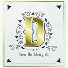 Decorative bookplate with a gold letter 'D' and decorative elements on a white background.