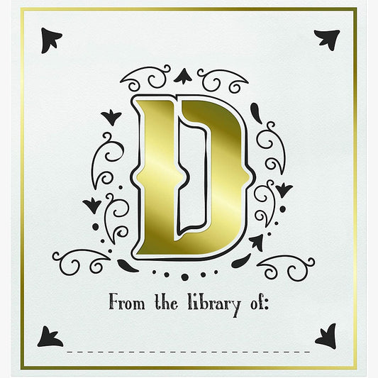 Decorative bookplate with a gold letter 'D' and decorative elements on a white background.