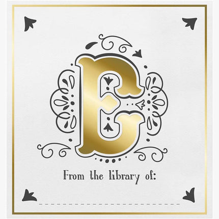 Decorative bookplate with gold letter 'E' and text 'From the library of:' on a white background.
