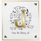 Decorative card with a gold letter 'J' and text 'From the library of:' on a white background.