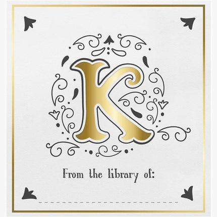Decorative card with a gold letter 'K' and text 'From the library of:' on a white background.