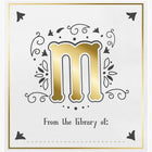 Decorative bookplate with gold letter 'm' and decorative elements on a white background.