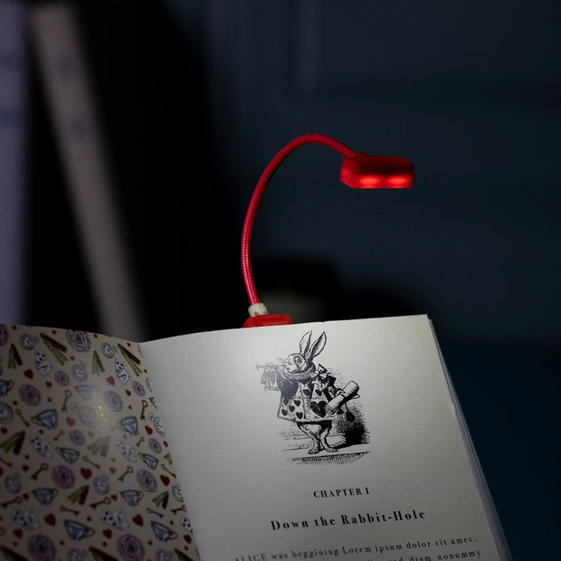Red book light on an open book with a rabbit illustration