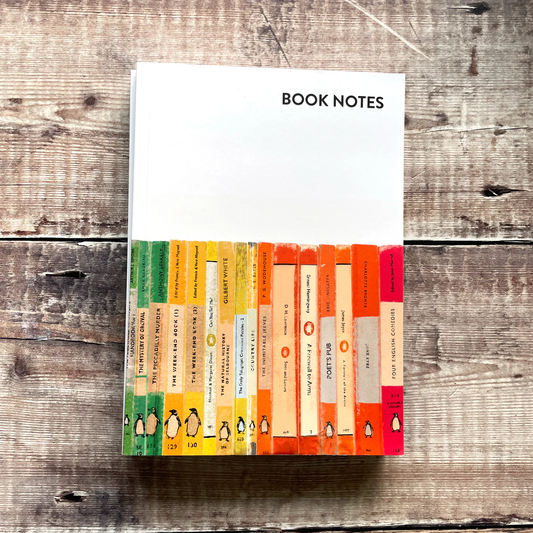 Notebook titled 'Book Notes' with a colorful book spine design on a wooden surface