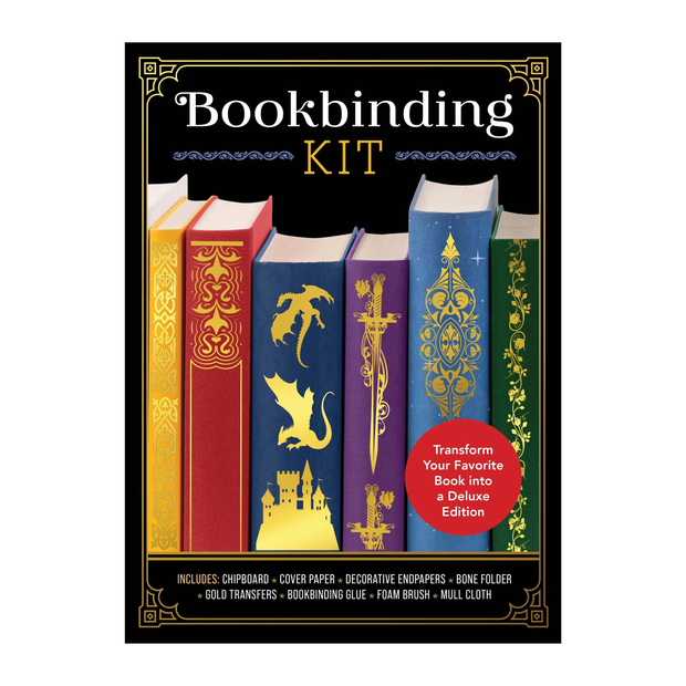 Bookbinding Kit product cover featuring illustrated decorative books in red, blue, purple, green, and gold on a black background, with the title 'Bookbinding KIT' and a red circular callout.