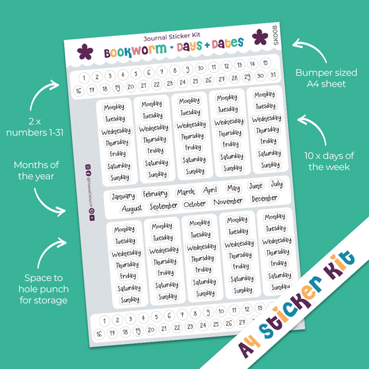 Bookworm Days & Dates A4 Journal Sticker Kit