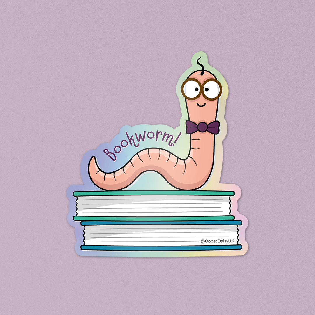 Bookworm Vinyl Sticker. Bookworm sitting on top of books.