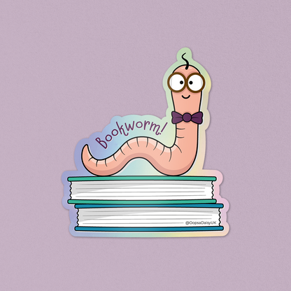 Bookworm Vinyl Sticker. Bookworm sitting on top of books.