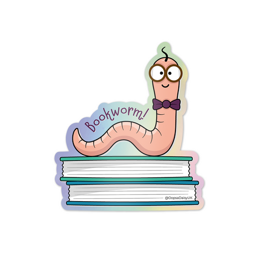 Bookworm Vinyl Sticker. Bookworm sitting on top of books.