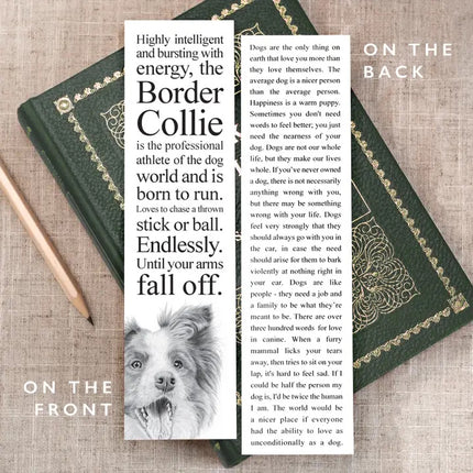 Bookmark with text and a dog illustration on a textured surface