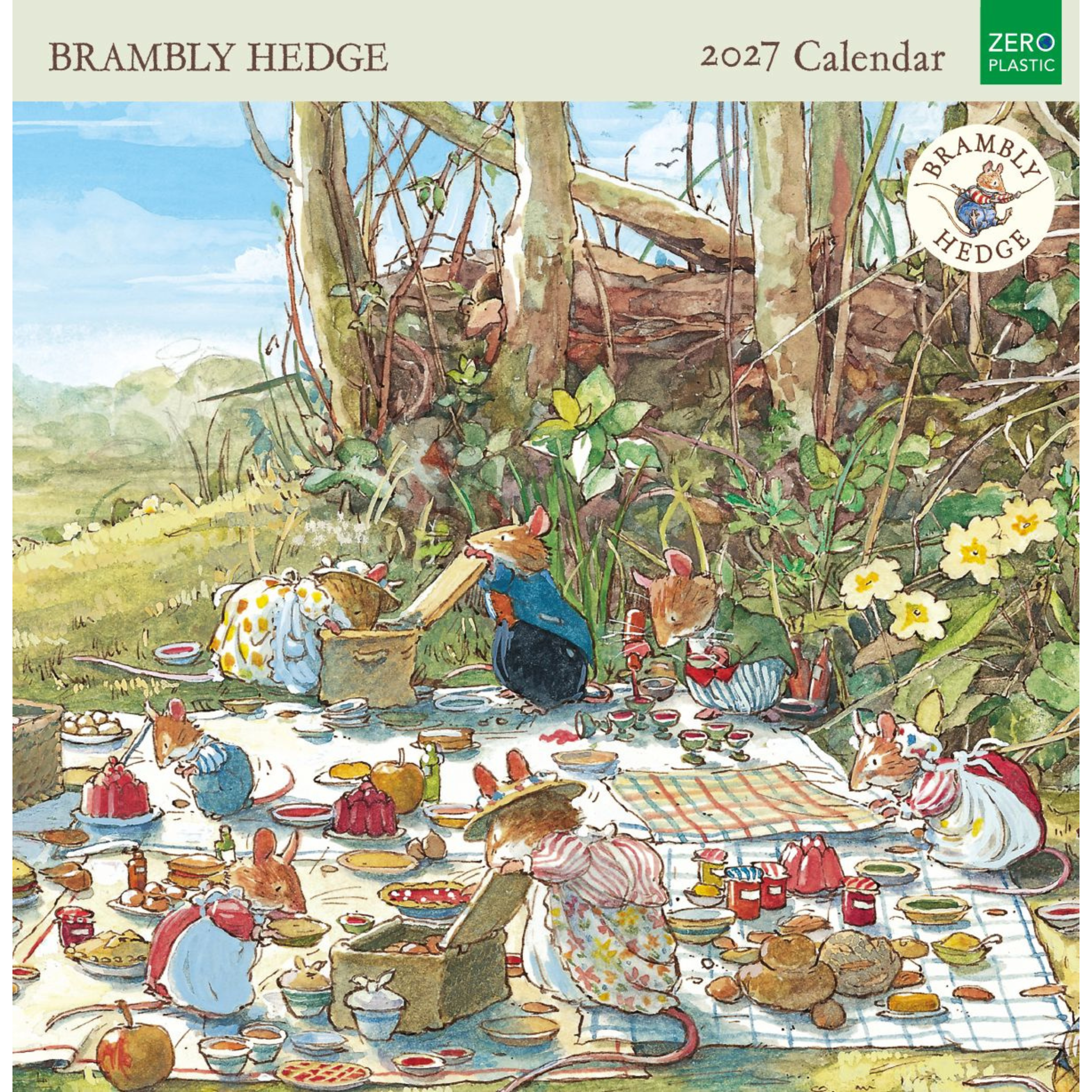 Front cover of the Brambly Hedge 2027 Calendar, featuring a colorful illustration of animals having a picnic under trees in a woodland setting. The title 'BRAMBLY HEDGE' appears at the top, with '2027 Calendar' and a 'Zero Plastic' badge visible.