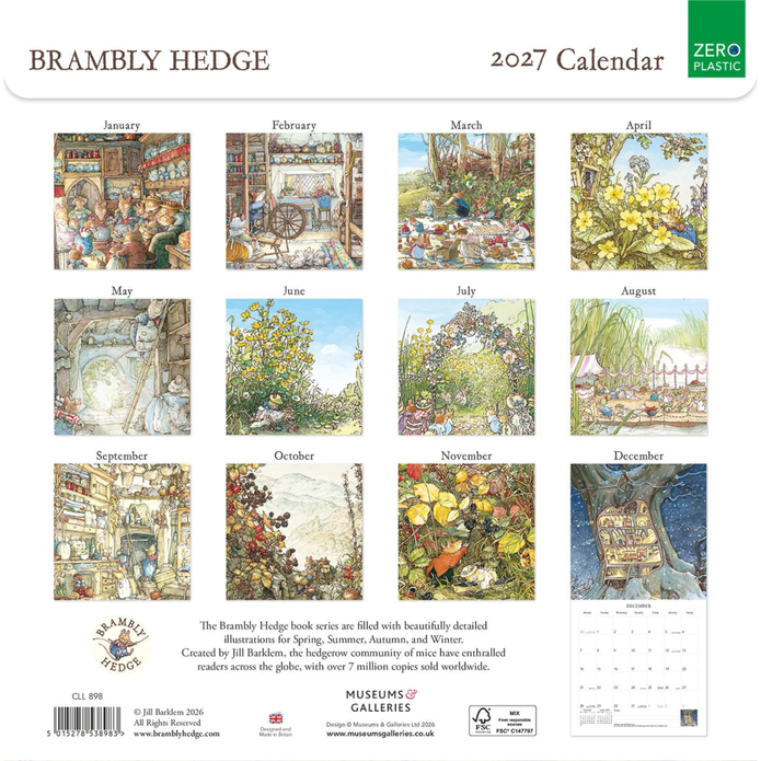 Back cover of the Brambly Hedge 2027 Calendar, featuring 12 illustrated monthly scenes in a vintage woodland style, with a small calendar preview and branding for Museums Galleries and Zero Waste.