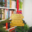 A brass ornament shaped like a stack of books, hanging from a red ribbon. The books are engraved with names and book titles, including 'Villette', 'The Tenant of Wildfell Hall', 'Agnes Grey', 'Jane Eyre', and 'Wuthering Heights'.