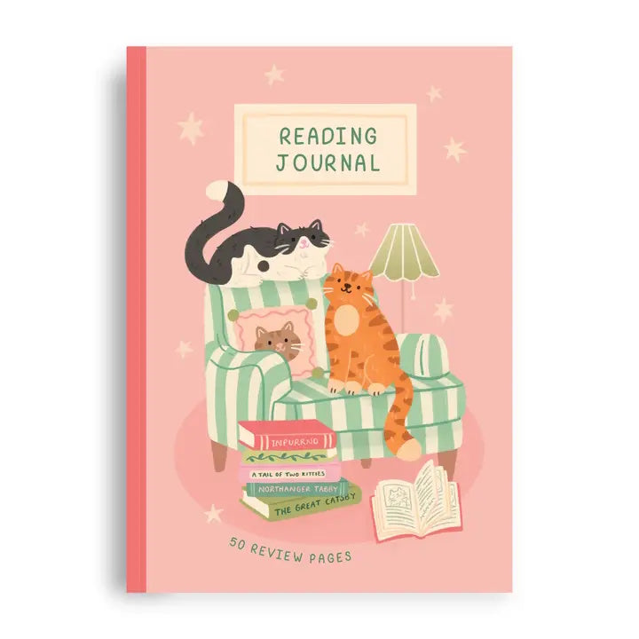 Reading journal with cats on a couch illustration on a pink background