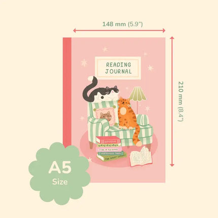 Pink reading journal with cat illustration and dimensions on a beige background