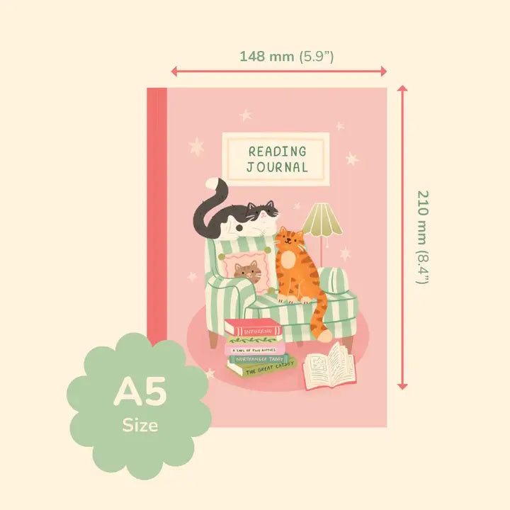 Pink reading journal with cat illustration and dimensions on a beige background