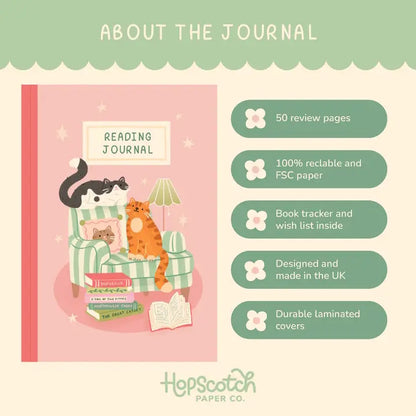Reading journal with cats illustration and product features on a light green background
