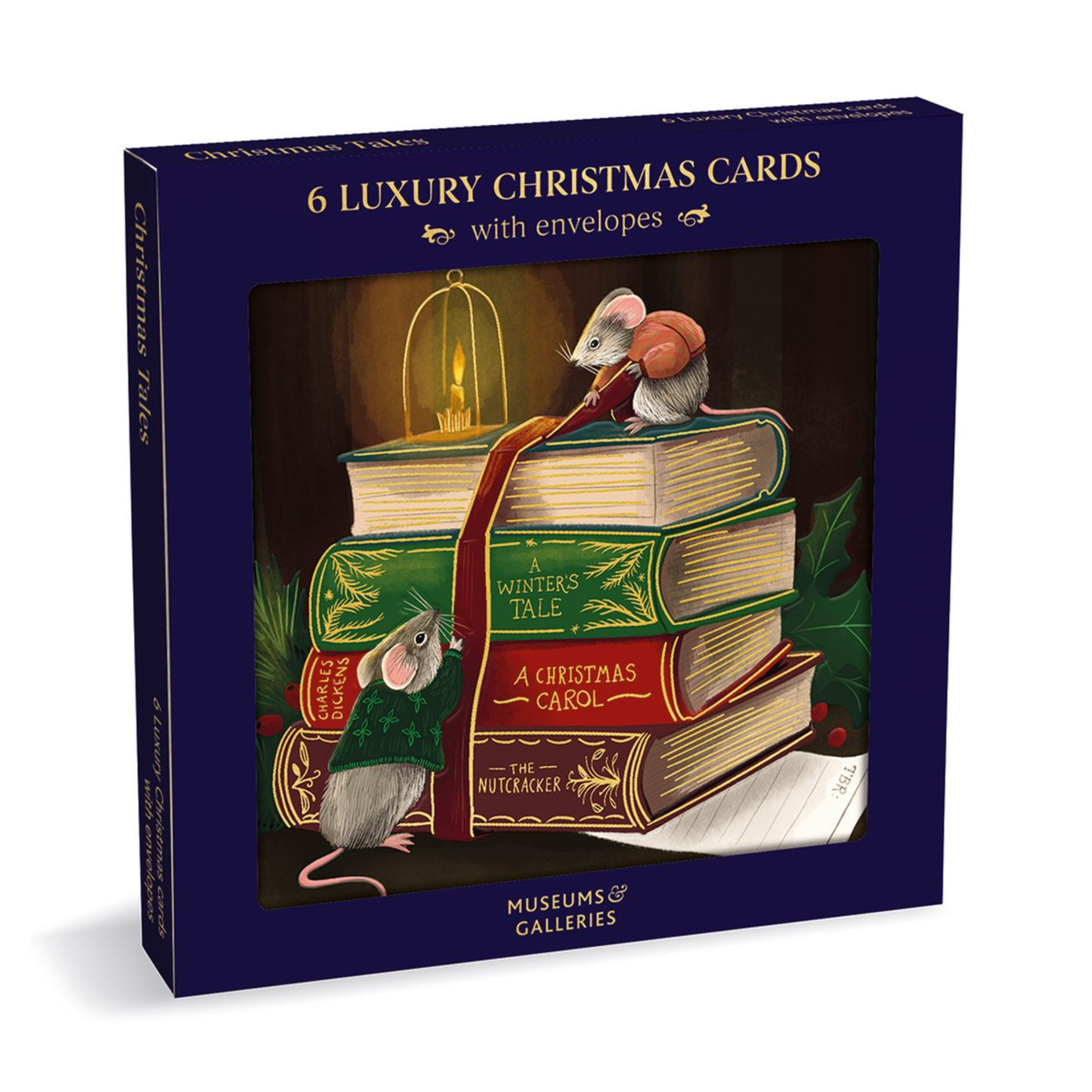 A boxed set of 6 luxury Christmas cards with envelopes, featuring a dark blue box with an illustration of two small mice among stacked vintage books and a red ribbon.