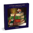 A boxed set of 6 luxury Christmas cards with envelopes, featuring a dark blue box with an illustration of two small mice among stacked vintage books and a red ribbon.
