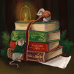 Illustration of two mice on books with a candle and holly leaves in the background