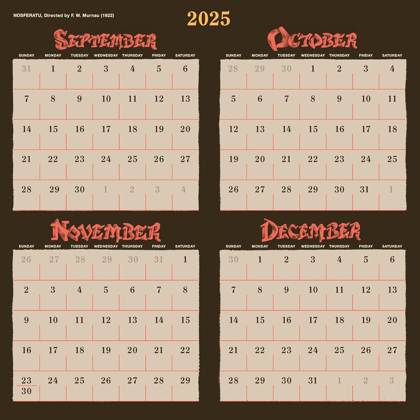 Classic Horror Movies 2026 Wall Calendar
